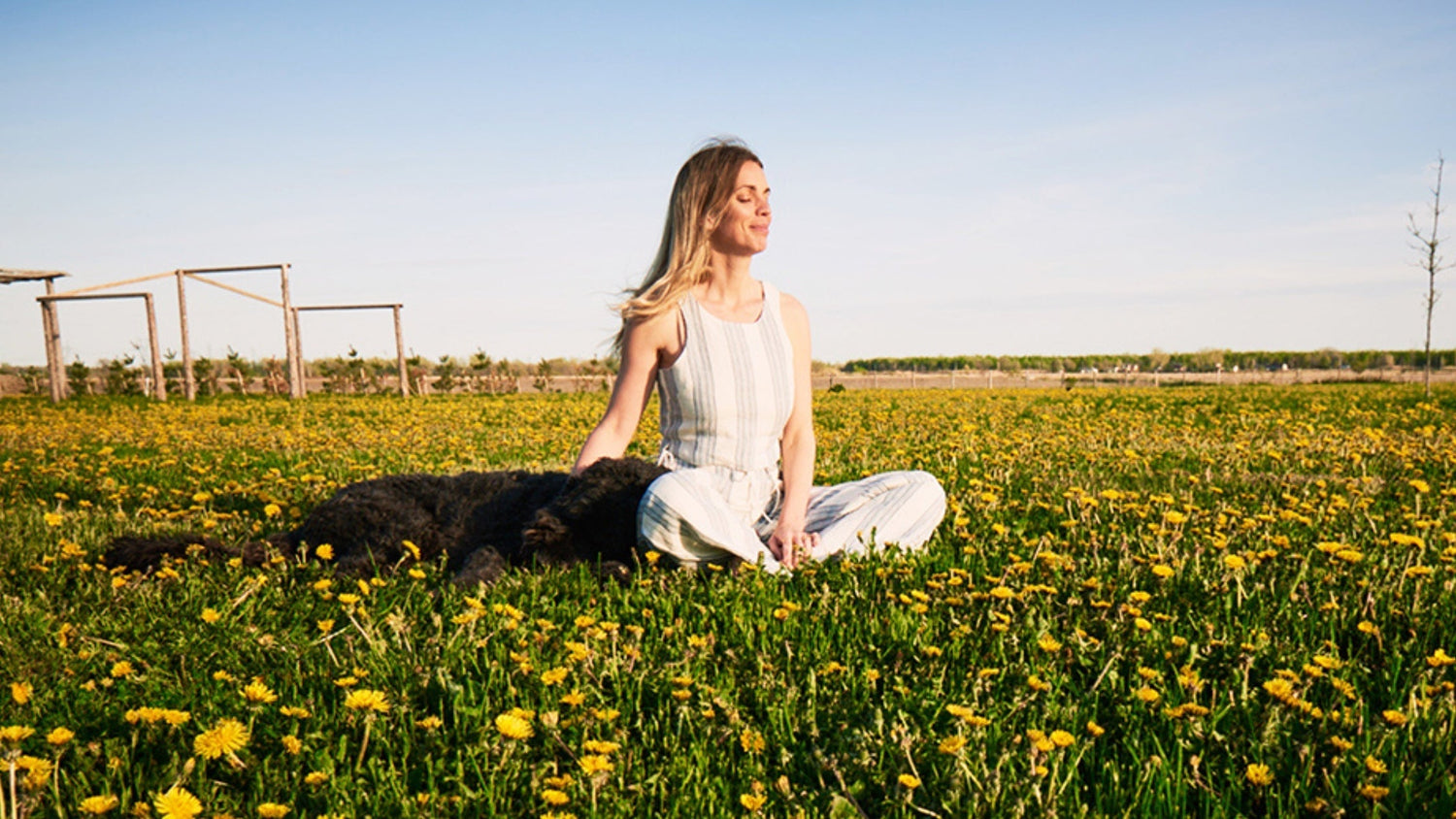 Jacynthe qui respire dans un champs de fleur avec son chien
