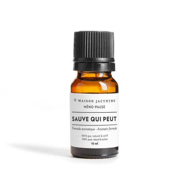 Bouteille de 10 ml d'une formule aromatique de la gamme Méno-Pause de Maison Jacynthe, à la Camomille et au Petit grain, ces huiles essentielles permettent d'inviter Morphée à apaiser les tensions et sautes d’humeur.