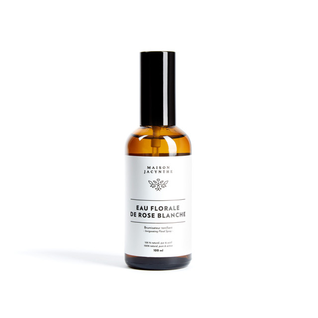 Bouteille en verre de 100 ml avec vaporisateur d'Eau florale de Rose Blanche de Maison Jacynthe.