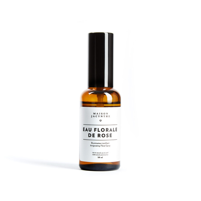 Bouteille en verre de 50 ml avec vaporisateur d'Eau florale de Rose de Maison Jacynthe.