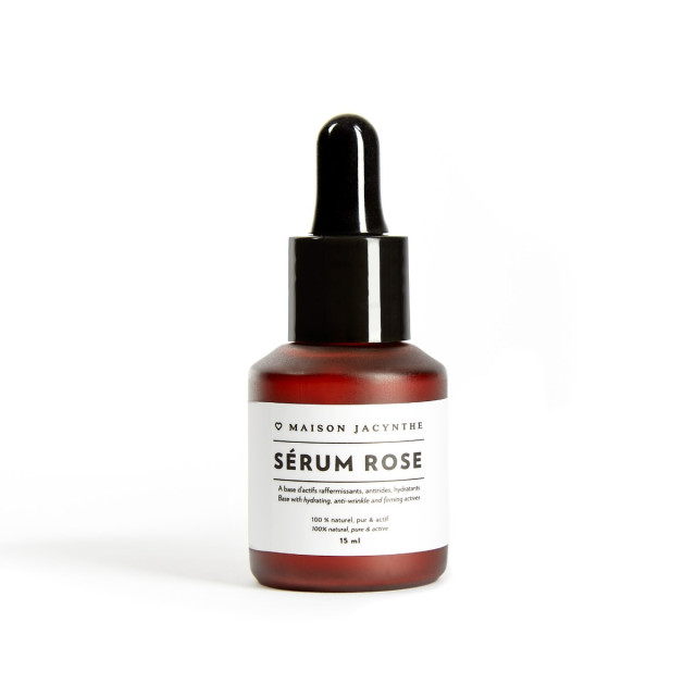 Bouteille de 15 ml, le Sérum Rose de Maison Jacynthe est à base d'actifs raffermissants, antirides & hydratants.